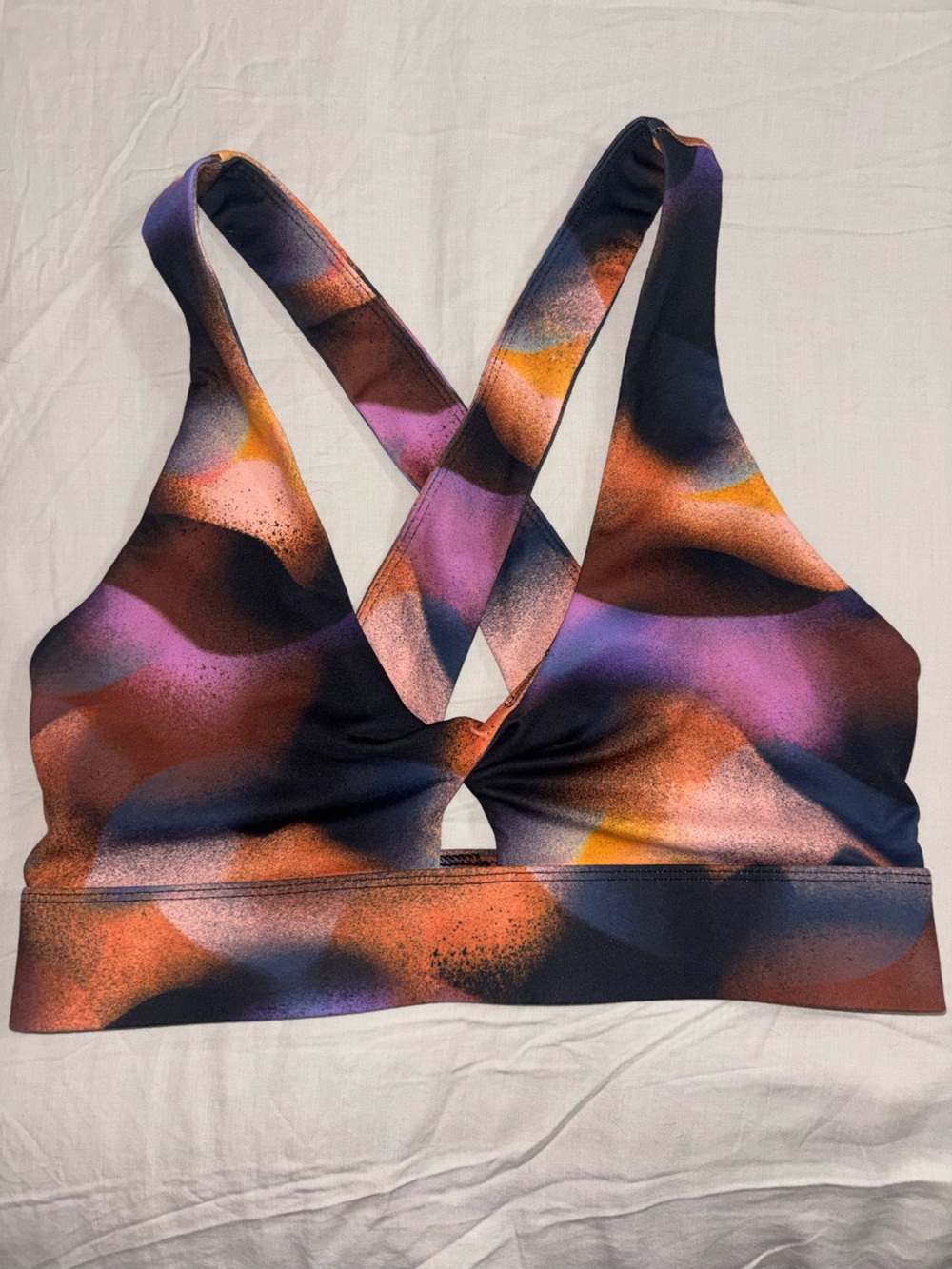 Fabletics Spray-Print Strappy Sports Bra - Black, Purple & Orange